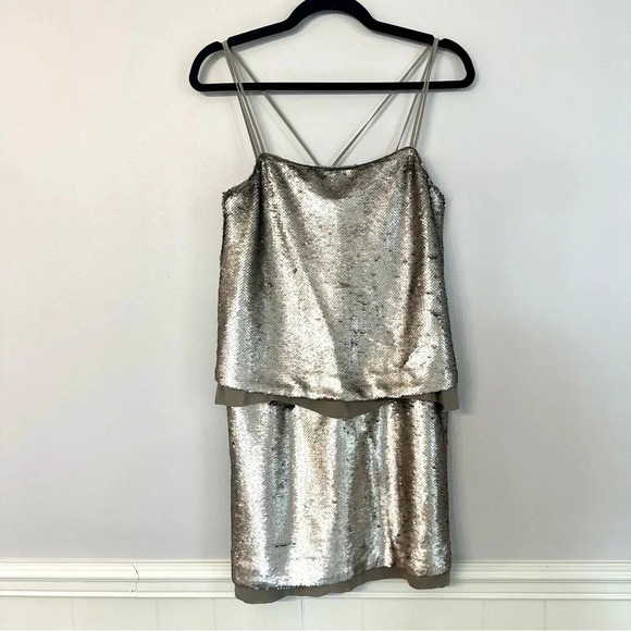 Banana Republic Champagne Sequin Silk Underlay Dress with Straps Size 2 NWT - Picture 2 of 11